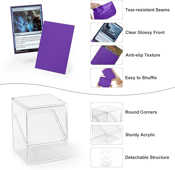 YSCare Card Deck Case, Deck Box with 100 Pack Card Sleeves and Divider, Standard Clear Commander Cards Storage Box Perfect Fit for MTG, Sport, Trading Cards (Purple)