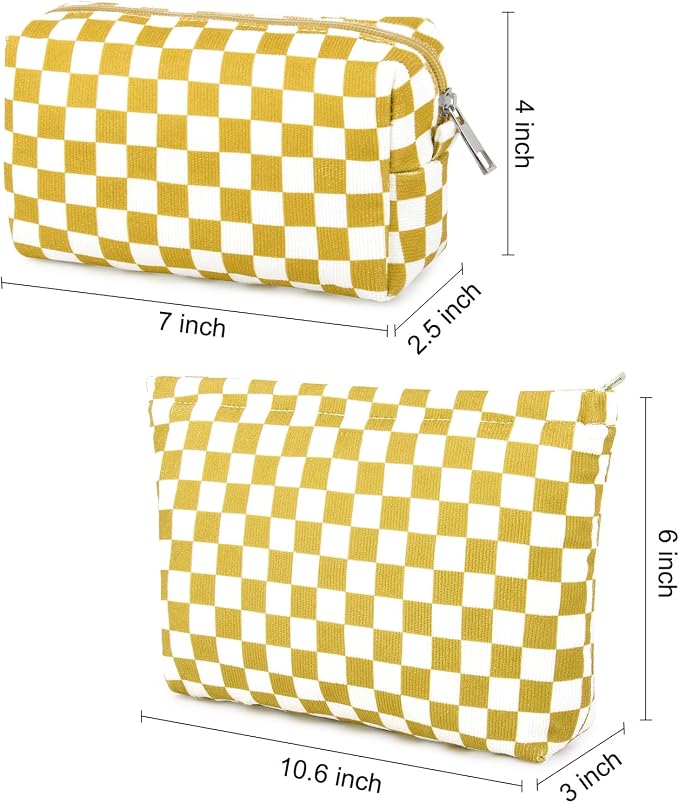 SOIDRAM 2 Pcs Checkered Makeup Bag Large Cosmetic Bag Toiletry Bag Makeup Pouch Travel Bag Organizer Cute Makeup Brushes Aesthetic Accessories Storage Bag for Women Golden Yellow