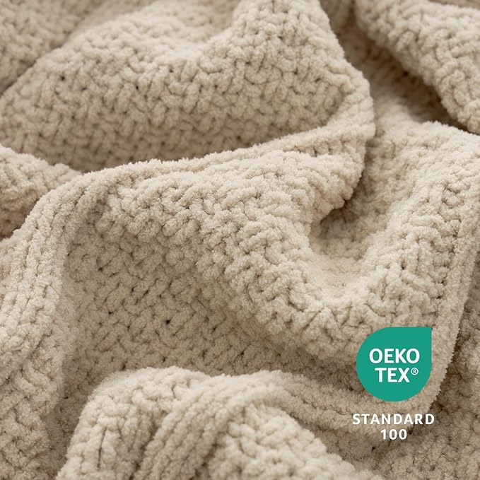 Amélie Home Premium Chenille Throw Blanket, Soft Cozy Moss Stitch Knit Blanket for Couch, Sofa, Chair, Home Decor, Beige 50"x60"