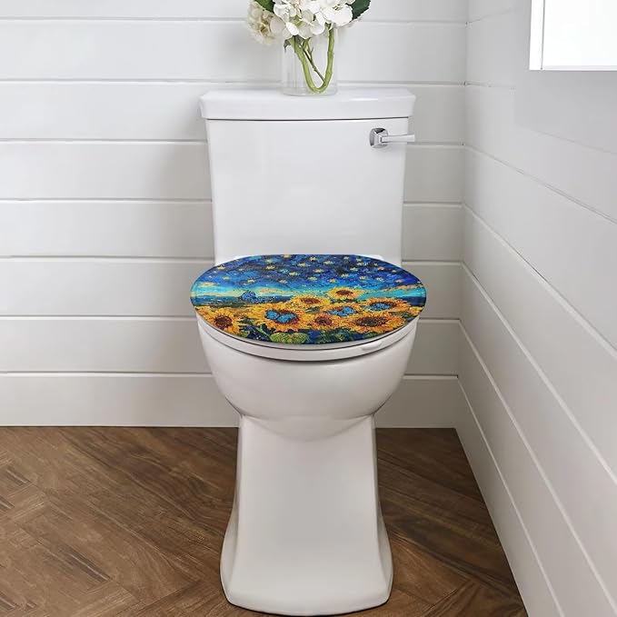 KathyboomToilet Lid Cover, Suitable for Most Round, Long and Oval Toilet Lid Cover, Comfortable and Dustproof, Reusable Toilet Seat Cover-Sunflowers With Butterflies