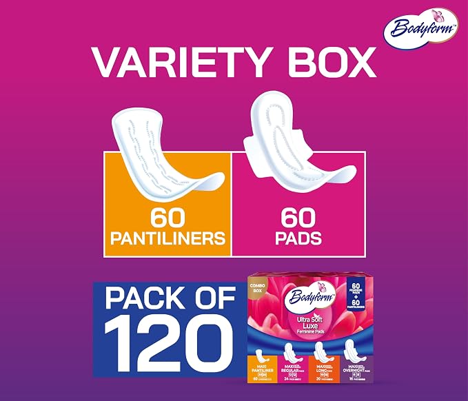 Bodyform Luxe Feminine Pads and Pantyliners Combo – 120 Count (60 Pads + 60 Liners), Ultra-Soft, Super Absorbent, Leak Protection, Daily Comfort & Freshness