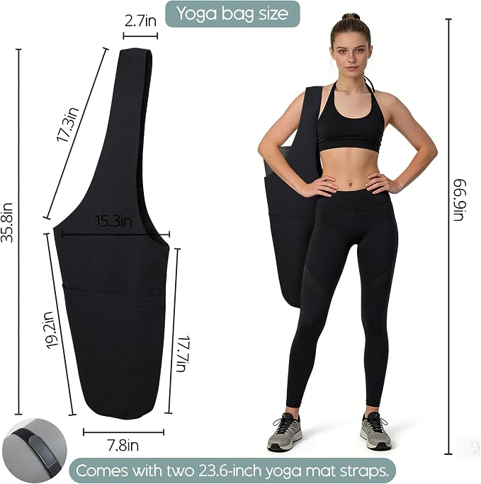 CosInStyle Heavy Duty Cotton Canvas Yoga Bag with Multi-Pocket Organizer, Large Capacity Gym Sports Bags, With 2 Bonus Mat Straps