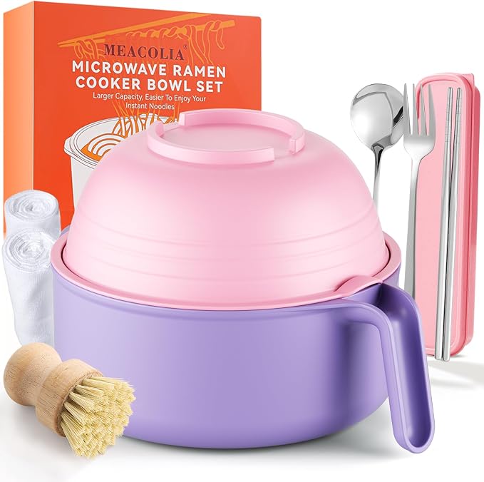 MEACOLIA Large Ramen Bowl Set, Microwave Noodle Pasta Cooker with Lid and Strainer, with Stainless Steel Chopsticks, Spoon, Fork, College Dorm Room Essentials for Girls for Boys (Pink)