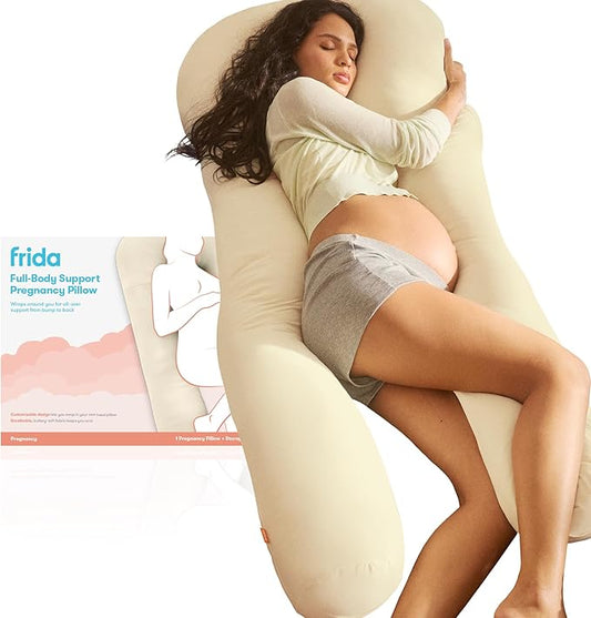 Frida Mom Full Body Support Pregnancy Pillow, Cooling Pregnancy Pillow, Wraps Around for All Over Support, Extended Length to Support from Head to Toe, Easy to Clean, Compact Storage Bag, Ivory