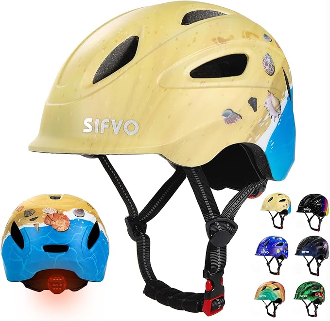 Kids Bike Helmet with LED Light, SIFVO Youth Toddler Boys Girls Helmets,2 Size Adjustable for Ages 3-5-10,Multi-Sport for Bicycle, Scooter, Skateboard,46-55cm