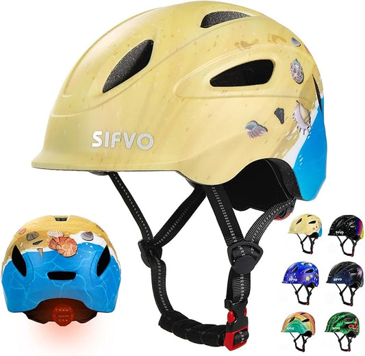 Kids Bike Helmet with LED Light, SIFVO Youth Toddler Boys Girls Helmets,2 Size Adjustable for Ages 3-5-10,Multi-Sport for Bicycle, Scooter, Skateboard,46-55cm