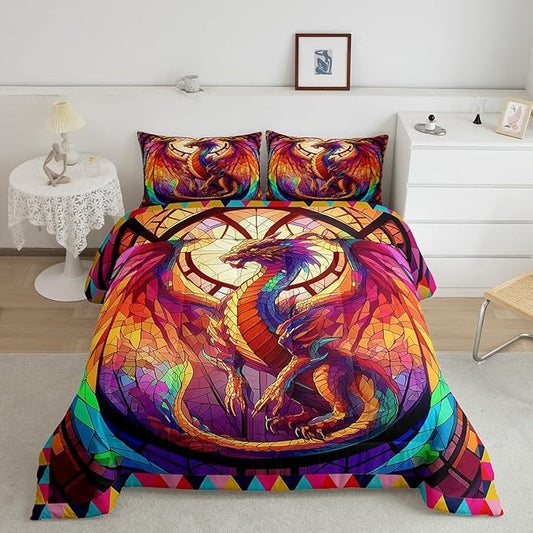 Feelyou Dragon Comforter Set Queen Size Dragon Stuff Comforter for Boys Girls Teens Wild Life Bedding Set Dragon Decor Duvet Set Room Decor Orange Quilt Set