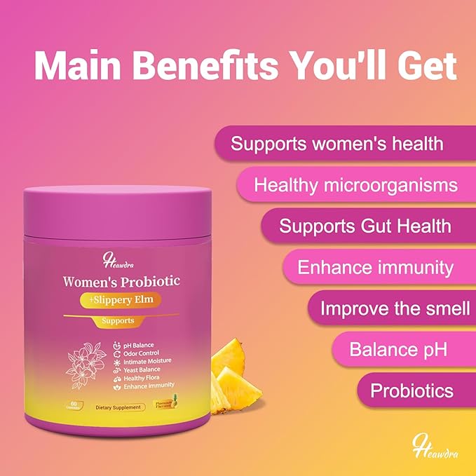 Her Juicy Women's Probiotic Gummies: ph Balance for Women & Slippery elm for Women, Clean Vegan, Pineapple Flavor, Prebiotics Blend, with Slippery Elm, Gut Health & Immune Defense, 60 Gummies