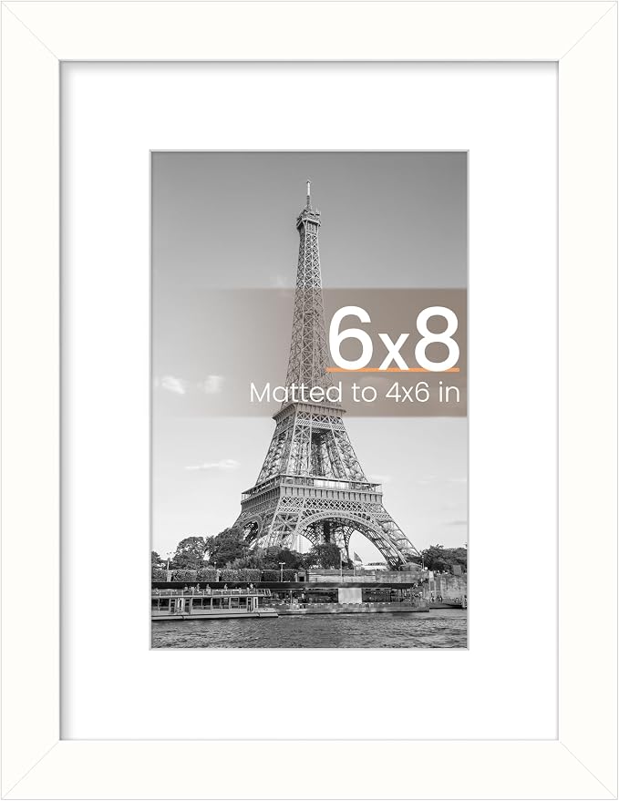 upsimples 6x8 Picture Frame, Display Pictures 3.5x5.5 with Mat or 6x8 Without Mat, Wall Hanging Photo Frame, White, 1 Pack