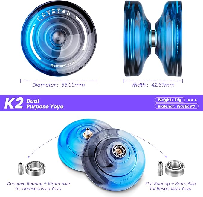 MAGICYOYO K2 Crystal Yoyo for Kids 8-12, Responsive Yoyo Professional for Beginners, Plastic Dual Function Yo Yo with 12 Yoyo Strings, Yo-yos Case Bag + Yoyos Accessory Kit (Black Blue)