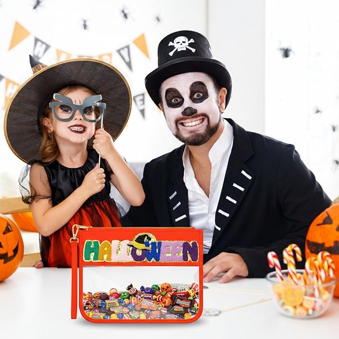 Remerry 2 Pcs Halloween Christmas Chenille Letter Clear Pouch Candy Treat Snack Goodie Bag PVC Makeup Cosmetic Bag Waterproof Preppy Purse Gifts for Women Girls (Spooky Eye & Halloween Witch Hat Set)