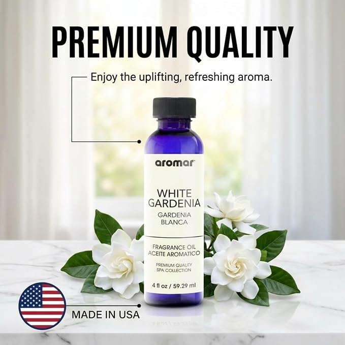 Aromar Premium Fragrance Oil, Long-Lasting, Refreshing Uplifting Aroma for Aromatherapy, Relaxation & Household Uses, White Gardenia 4 oz.