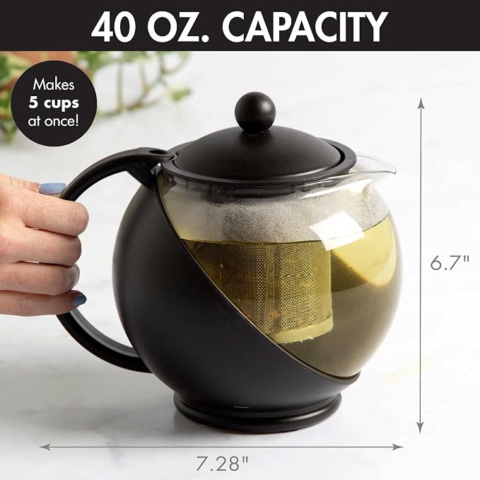 Primula Half Moon Teapot with Removable Infuser, Glass Tea Maker with Reusable Fine Mesh Stainless Steel Filter, Dishwasher Safe, 40-Ounce, Black