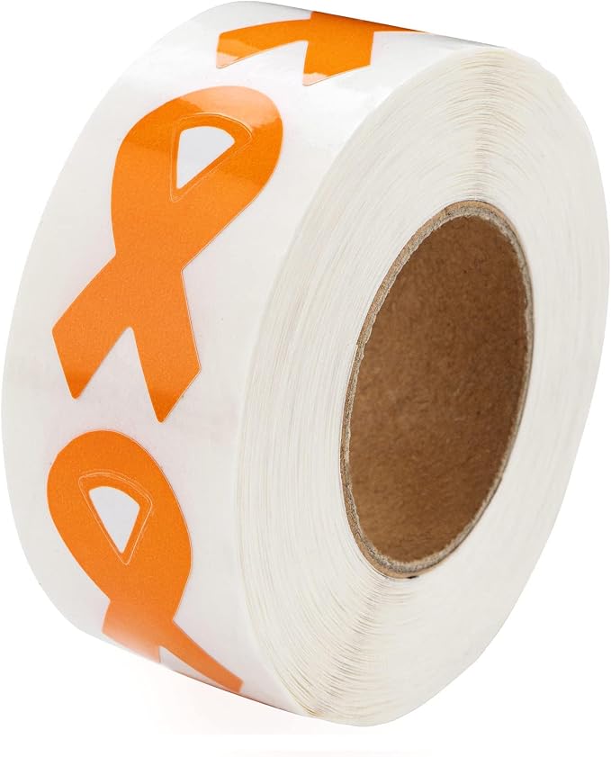 Small Orange Ribbon Awareness Stickers for Kidney Cancer, Leukemia, Multiple Sclerosis, Hunger, Gun Violence/Mass Shooting Awarenes - Perfect for Events, and Fundraising - 2 Rolls
