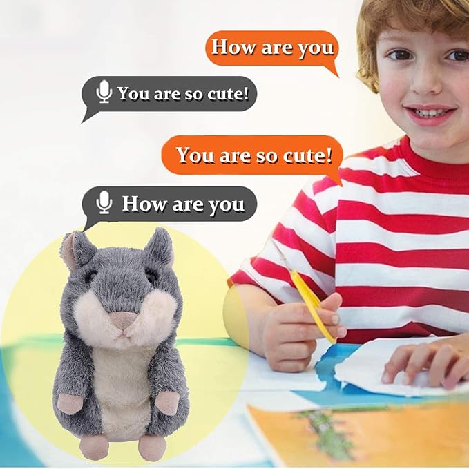 Talking Hamster, Interactive Stuffed Plush Animal Talking Toy Cute Sound Effects with Repeats Your Said Voice, Best Buddy for Kids Gift Age 3+ (Gray)