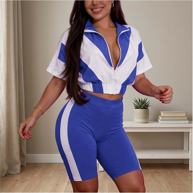 Adogirl Women 2 Piece Outfits Summer Tracksuit Color Block Short Sleeve Full Zip Up Cropped Jacket Bodycon Shorts Lounge Sets