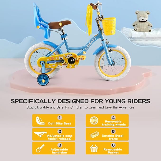 RULLY 12-16 Inch Girls Bike with Doll Seat Basket and Training Wheels for 2-6 Years Children
