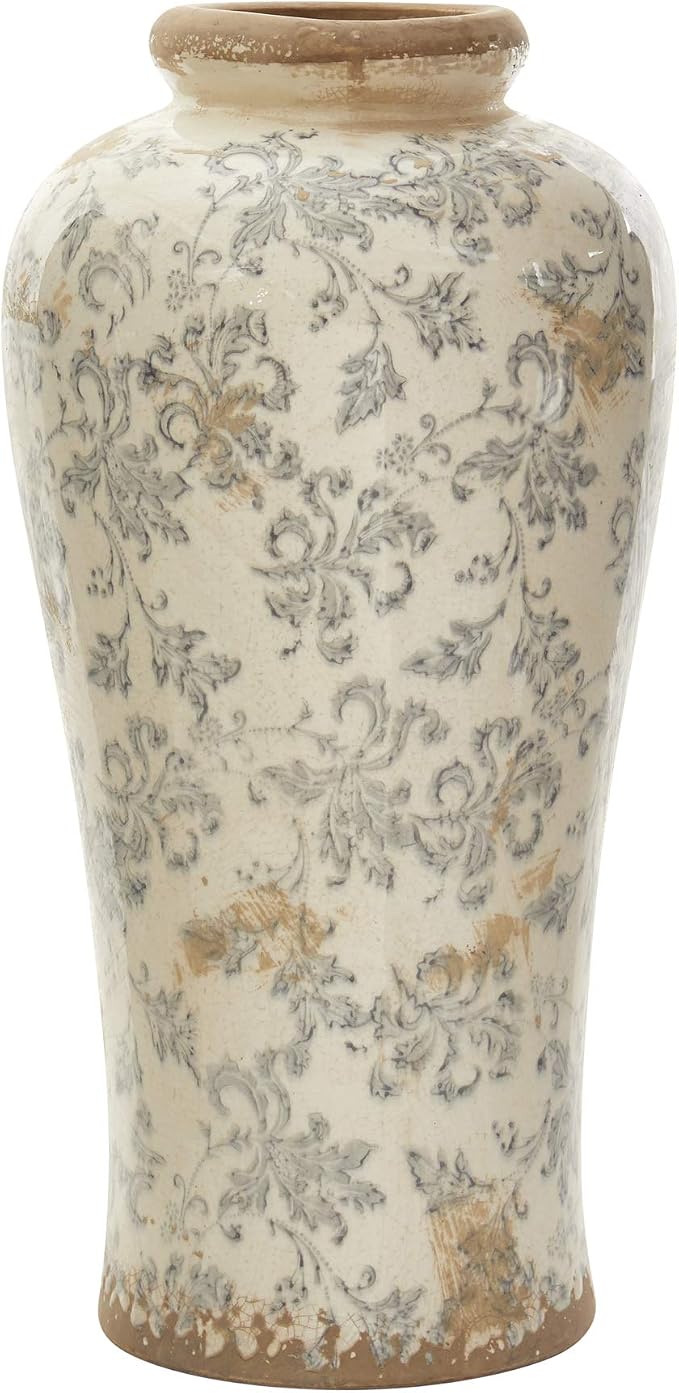 Nearly Natural 16 in Tuscan Ceramic Floral Scroll Urn Vase Room Decor | Vintage Country-Chic Planter, No-Drainage Holes, Sturdy Homey Jar Included, Perfect for Beautiful Inside Arrangements