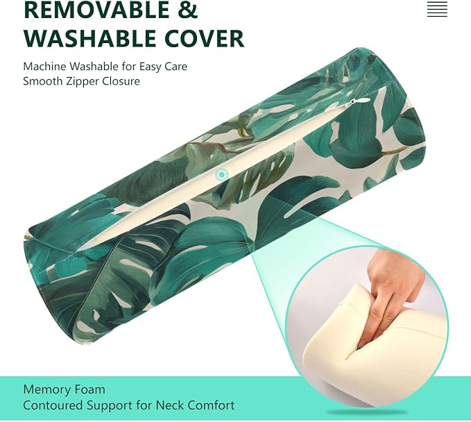 Neck Roll Pillow Bolster Pillows Round Health Memory Foam Long Cervical Cylinder Bolsters Body Removable Washable Cover Bed Legs Back Yoga Palm Leaves Tropical Green