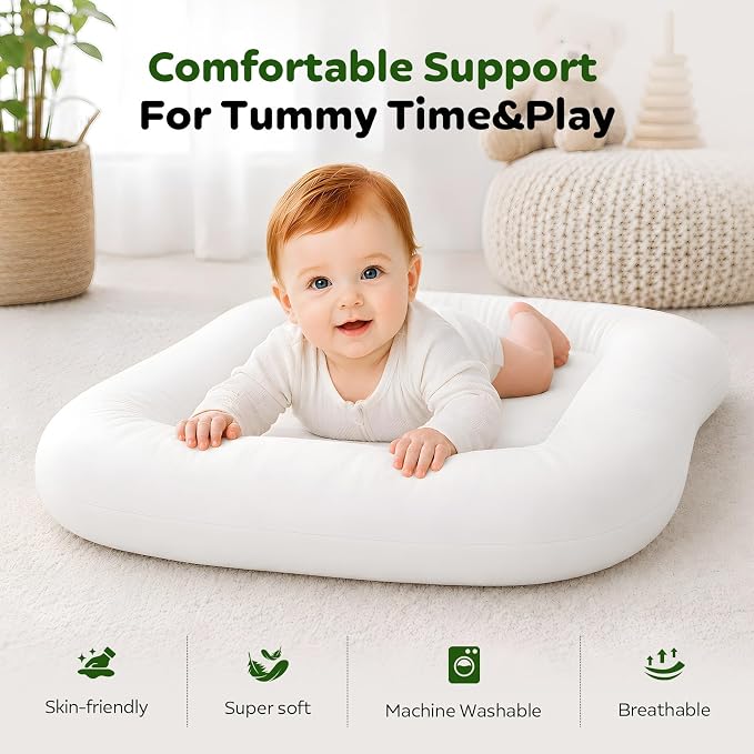 Baby Lounger for Newborns 0-24 Months, Soft Breathable Cotton Infant Support Cushion for Tummy Time & Play, Portable Infant Lounger, Baby Essentials for Newborn- Cloud White (Cover Included)