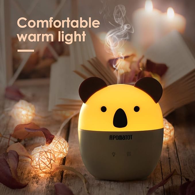 Small Essential Oil Diffuser,160ml Cute Koala Cartoon Aromatherapy Diffusers with Auto Shut-Off Function,Cool Mist Humidifier with Warm White Lights for Home Office Bedroom