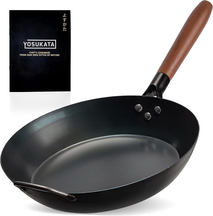 YOSUKATA 11.8" Carbon Steel Frying Pan – Non-Toxic Pre-Seasoned Skillet with Removable Wooden Handle – Coating-Free Wok-Style Pan for Gas, Induction, Electric, Oven & Grill BBQ