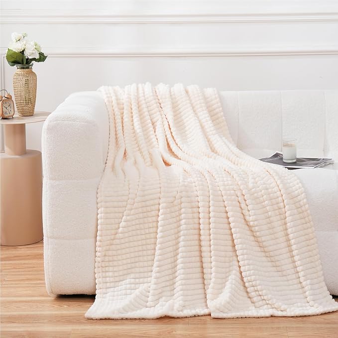 Puncuntex Fleece Throw Blanket Cream White 50"×70" with Square Grid Design | Super Soft Plush Cozy Flannel Throw Blanket Luxury for Couch Sofa Chair
