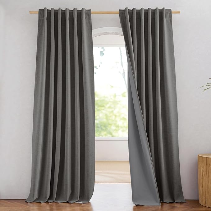 NICETOWN 100% Blackout Grizzle Gray Curtains 90 inches Long for Bedroom, Thermal Insulated Living Room Curtains with Gray Liner, 2 Panels, 52" W, Farmhouse Style Thick Linen Blend Window Draperies