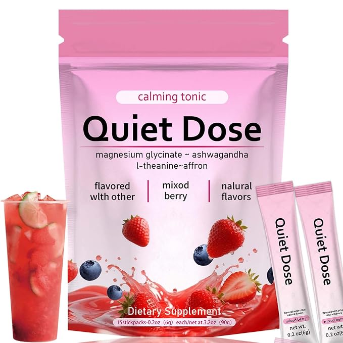 Quiet Dose calm magnesium powder, cortisol reducer supplement, calming drink powder with Magnesium Glycinate, Ashwagandha, L-Theanine, Vitamin D3, | Vegan, Non-GMO, Berry Flavor