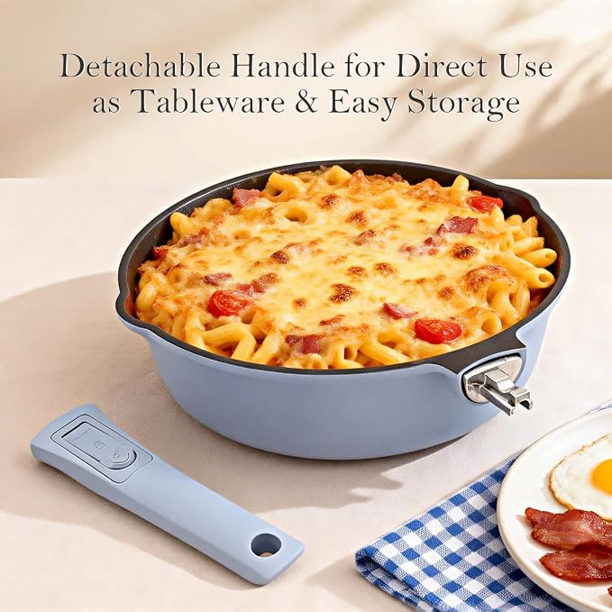 Small Deep Frying Pan with Lid, 8 Inch Non Stick Egg Skillet, Omelette Pan Non Toxic, Mini Pans for Cooking, Induction Cookware, Compatible with All Stoves, Detachable Handle, Oven Safe, Blue