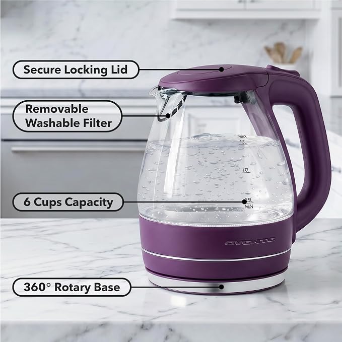 OVENTE Electric Kettle, 1.5L Borosilicate Glass Countertop Water Heater and Boiler for Coffee or Tea, BPA-Free, Auto Shut-Off, Boil-Dry Protection, Removable and Washable Spout Filter, Purple KG83P