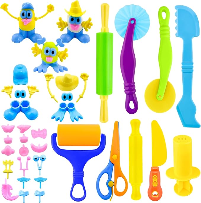 iShyan Dough Play Tools for Kids,35pcs Clay Tools Play Accessories with Cutters, Roller, Rolling Pins, Safety Scissors, Plastic Knife, Dough Body Part