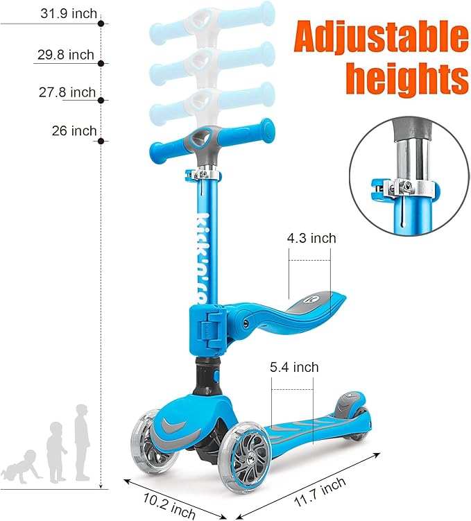 Kicknroll 3-Wheel Scooter for Kids Ages 3-12 with Light-Up Wheels, Folding Design, Adjustable Height, Extra Wide Deck (110 lbs Max)