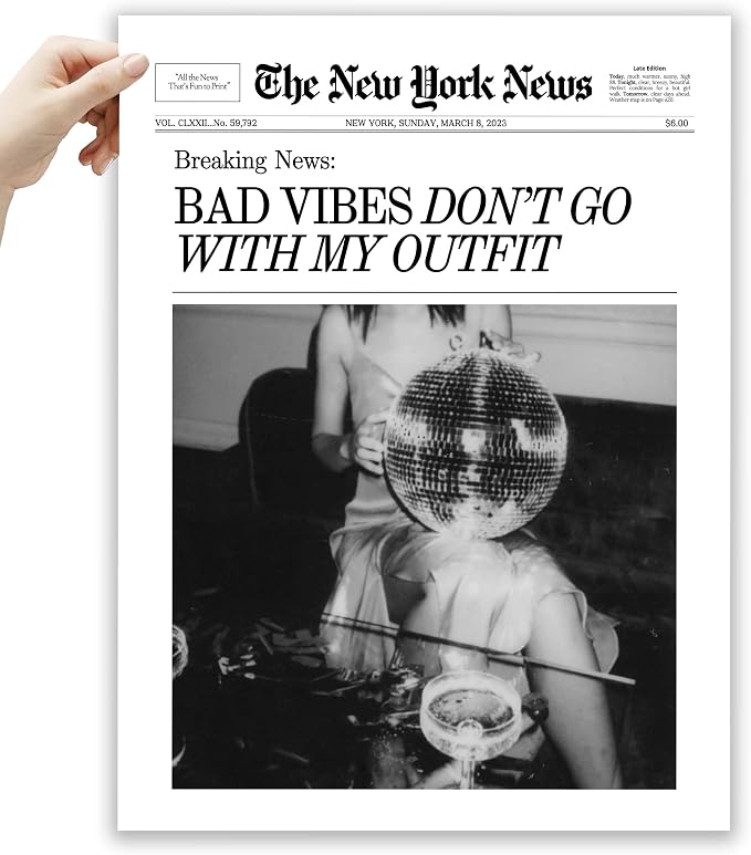 EcoHest 12x16 in Bad Vibes Don't Go With My Outfit Canvas Art | Unframed Canvas Print, Disco Fashion Newspaper Wall Decor for Bedroom, Apartment, Dorm Room, College Room, 1Pack
