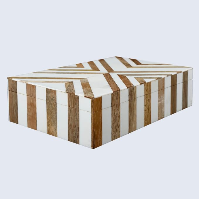 Handicrafts Home Decorative Storage Box with Lid Wooden Storage Organizer Box Multi Purpose Storage Box for Coffee Table Desk Shelf – Resin Inlay Marquet Chevron Collection - 10x6x2.5