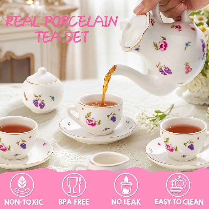 TUZT Tea Party Set for Little Girls Ages 3-8, White Floral Porcelain Tea Set with Gold Trim Edges, Princess Tea Time Toy Includes Pot & Cups & Saucers & Suitcase, Birthday Gifts for Toddlers Girls