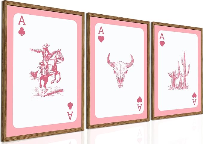 Set of 3 Western Cowgirl Wall Art Pink Bull Skull Wall Decor Painting Southwestern Playing Card Poster Canvas Prints Picture for Bedroom Living Room Wood Framed 16x24 inch