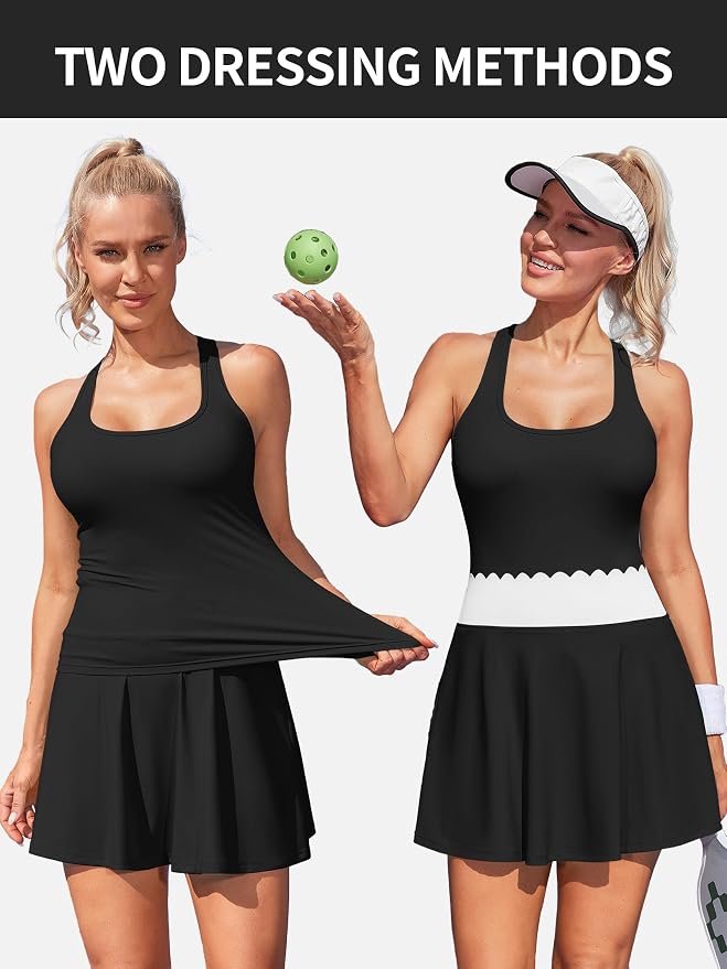 ATTRACO Tennis Outfits for Women Racerback Golf Dress Workout Dress | Athletic Skirt Set, Built-in Shorts, 2 Pockets, Scalloped, Racerback, High Waisted, Pickleball, Workout Set