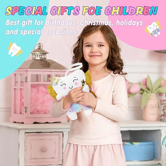 Tooth Fairy Pillow with Shiny Wings Embroidered Tooth Fairy Doll with Pocket Crystal Velvet Tooth Fairy Souvenir Boy Girl Gift (White) (Second Edition)