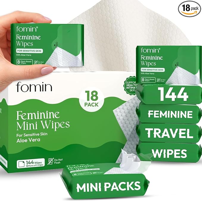 FOMIN Feminine Wipes for Women - 18 Pack (144 Wipes) - pH Balanced Aloe Vera Intimate Cleansing Wipes - Wipes for Sensitive Skin - Individual Packets -Travel Essentials & Gifts for Women & Teen Girls