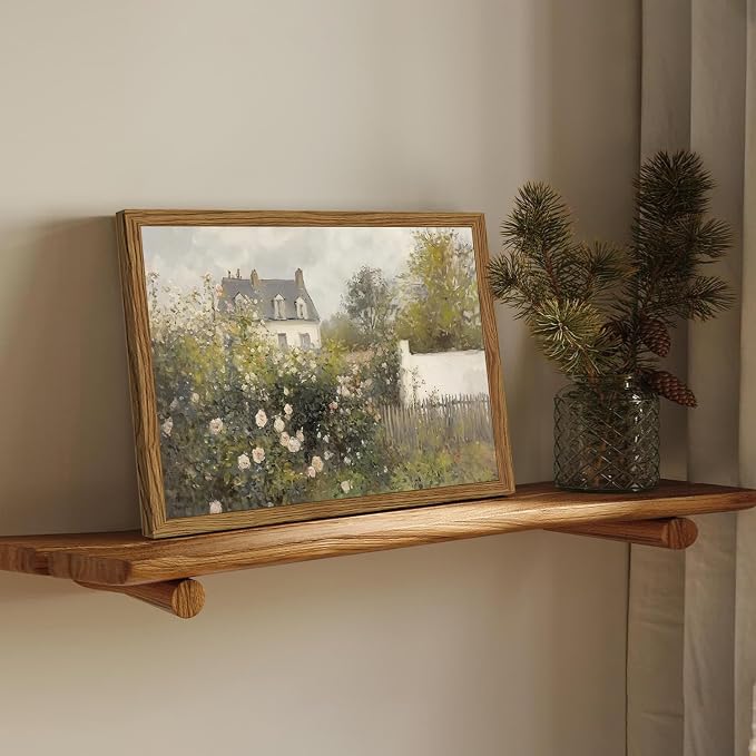 Framed Vintage Wall Art, Cottage Rose Garden Landscape Pictures Wall Decor Paintings, Rustic Spring Farmhouse Canvas Prints Aesthetic Home Decor for Living Room Bedroom Bathroom 8x10 inch
