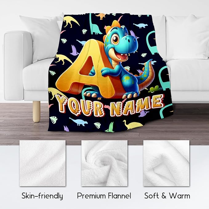 Custom Kids Blankets with Name - Dinosaur Blanket for Boys Girls - Personalized Initial Throw for Dinosaur Lovers - 30"x40" Cute Toddler Throws for Couch, Office - Monogram Gifts