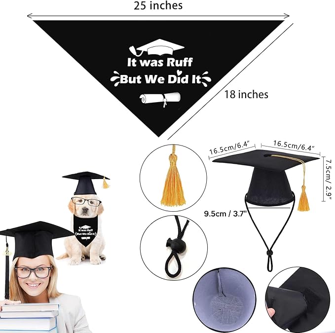 2025 Dog Graduation Cap and Gown with Gold Tassels Dog Graduation Outfits Gifts Graduation Bandana for Small Medium Large Dogs (It was Ruff, but we did it Bandana)