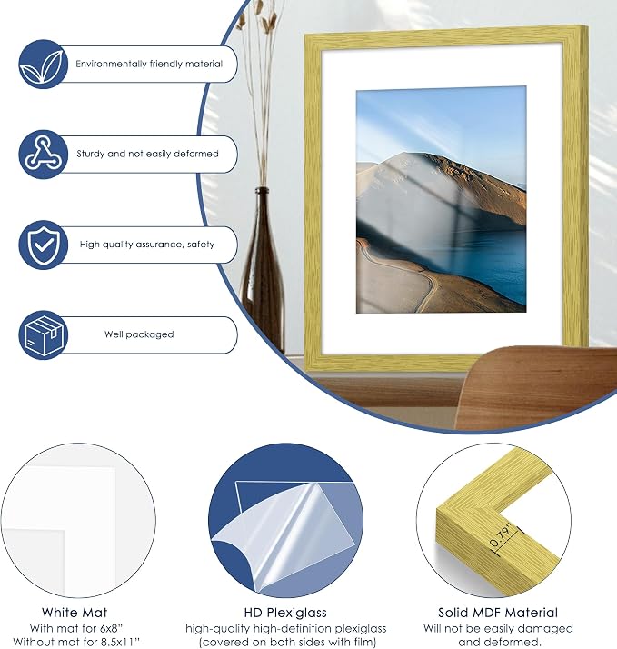 8.5x11 Picture Frame Set of 6, Wall Mount Display, Gold | Display Pictures 6x8 with Mat or 8.5x11 Without Mat, Horizontal or Vertical, Gallery Wall Frame Set, Wedding Birthday Gifts