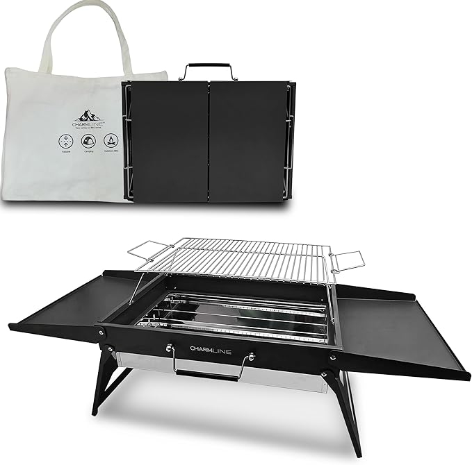 Charmline 18x13 inches Big Desktop Charcoal Grill, Liftable Grilling Net, Foldable Portable Grill for Indoor and Outdoor, BBQ Grill for Camping, Gardens, Picnics, Beach Parties, Black