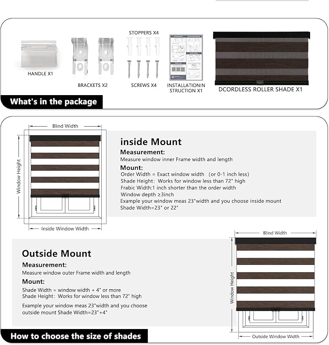 AOSKY Cordless Zebra Blinds for Windows Pull Down Roller Window Shades Dual Layer Light Filtering Privacy for Day and Night, Free-Stop Door Shades for Home Easy to Install Brown 31.5" W X 72" H