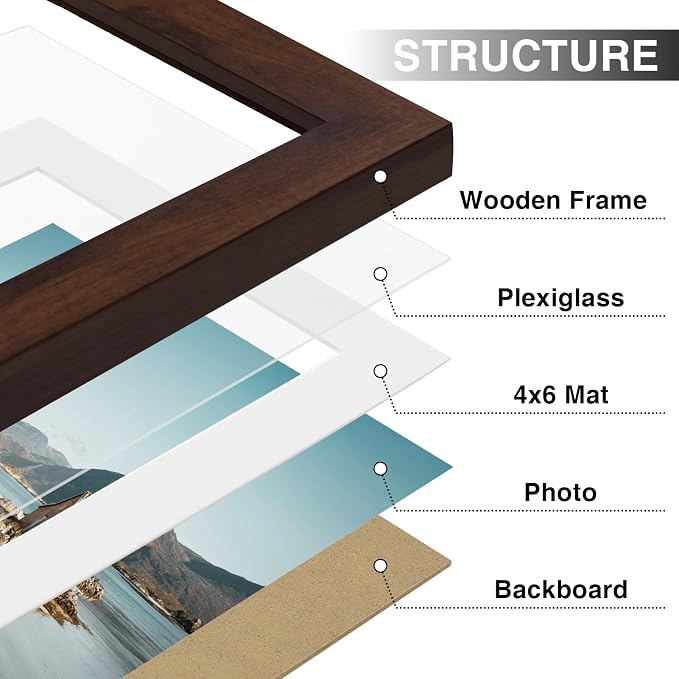 Vittanly 5x7 Picture Frames Set of 9 for Wall or Tabletop Display, Walnut | Display Pictures 4x6 with Mat or 5x7 without Mat, Small Photo Frames, Engineered Wood with Shatter Resistant Plexiglass