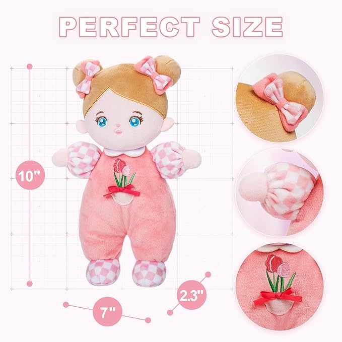 OUOZZZ Soft Baby Doll for Ages 3 and UP - Toys for Ages 3 and UP Birthday Christmas Plush Gift for Toddler Adorable First Doll Tulip Pink 10"