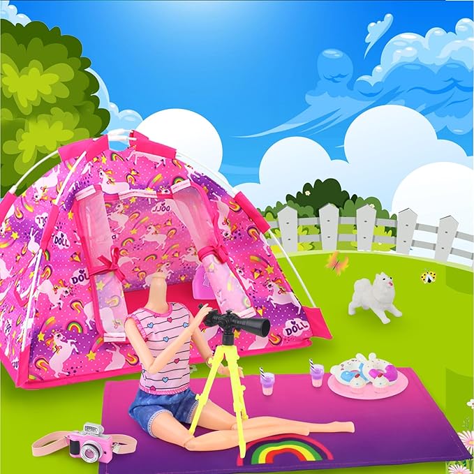 Ecore Fun 15 Pcs Doll Camping and Accessories Set for 11.5 Inch Girl Dolls Includes Tent, Clothes, Chair, Camera, Drink, Cupcake, Donut, Telescope, Toy Dog, Bag