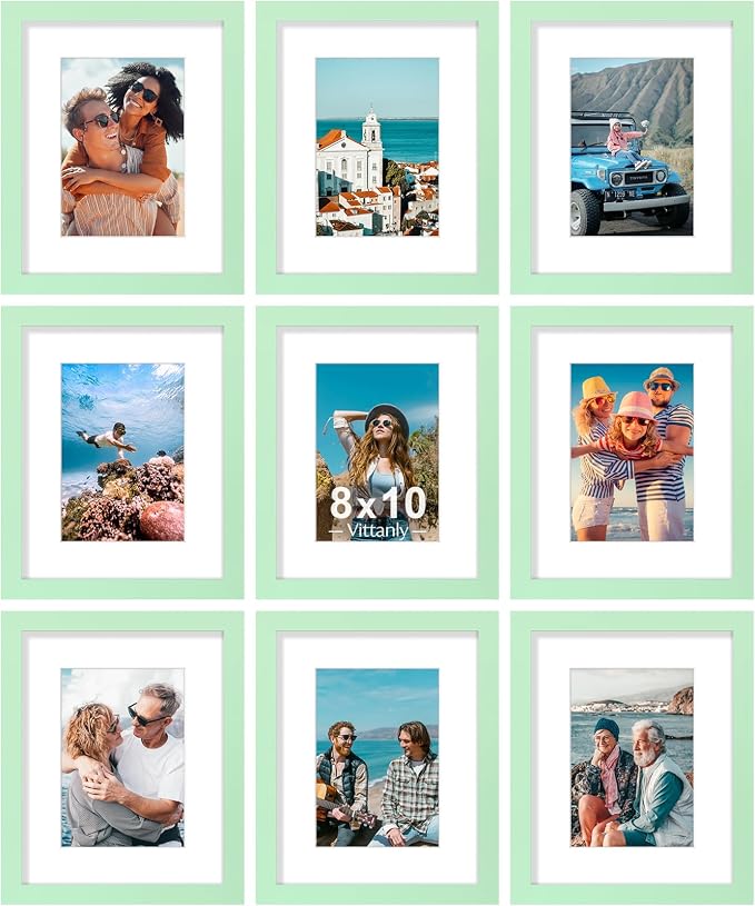 Vittanly 8x10 Picture Frames Set of 9, Wall & Tabletop, Light Green | Display Pictures 5x7 with Mat or 8x10 without Mat, Small Photo Frames, Engineered Wood with Shatter Resistant Plexiglass